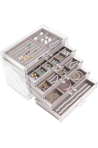 Generic صندوق منظم مجوهرات أكريليك من باولي، منظم مجوهرات بخمسة أدراج، أقراط ...