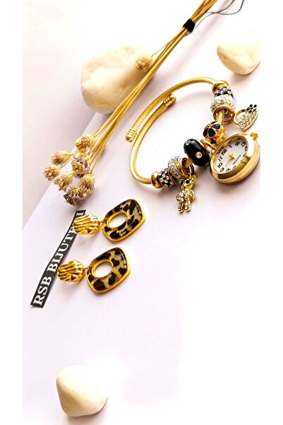 RSB Bijuteri Küpe Sallantılı Leopar ve Bileklik Saat PandoRSB Altın Kaplama 2...