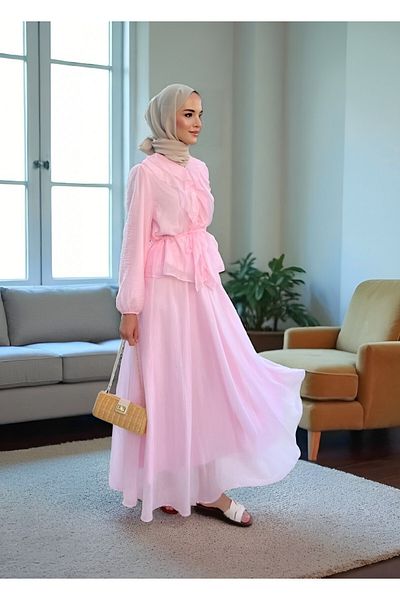 Modamorfo Buttoned Double Suit with Elastic Sleeves and Ruffle Rope Detail - Powder