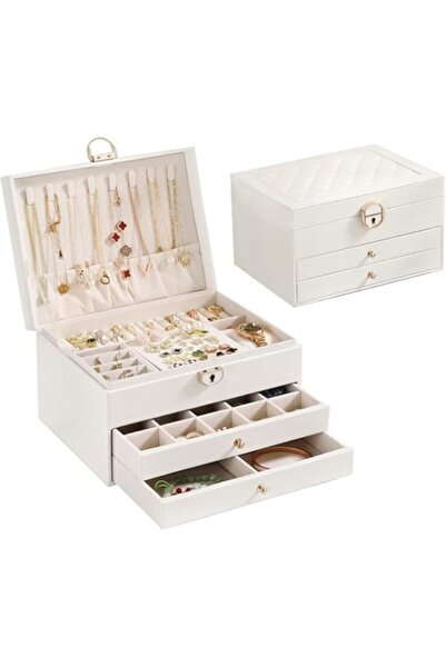 Generic ideagala Jewelry Box Organizer for Women Girls,3 Layer Leather Jewelry Storage Box with Lock and Re