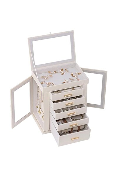 Generic صندوق منظم للمجوهرات، علبة مجوهرات دوارة 360 درجة مع 5 أدراج وغطاء شف...