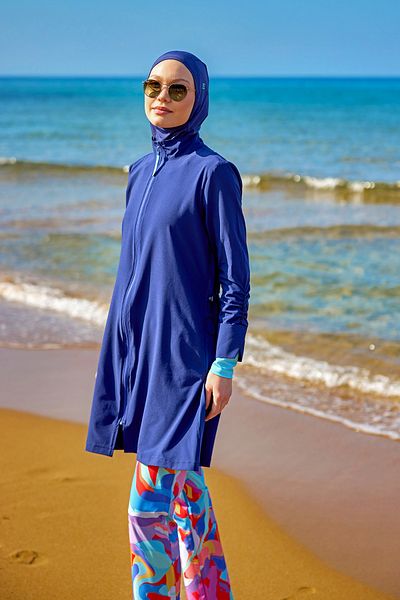Marina Μπλε ναυτικό Πλήρως Καλυμμένο Μαγιό Hijab – M2505 με Αποστράγγιση Νερού και Δικαστικό Γιακά