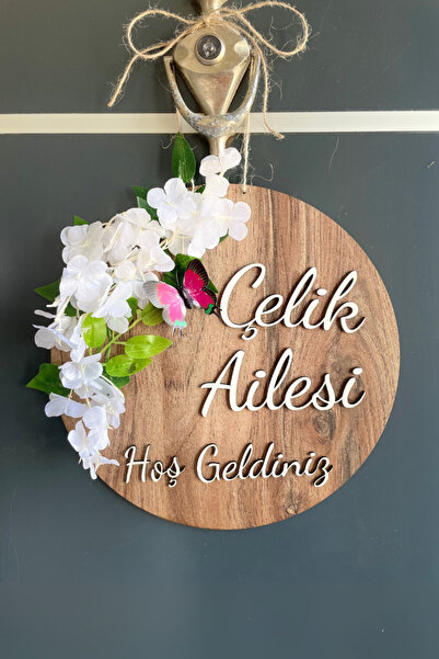 EETC Kişiye Özel İsimli Yazılı Ahşap Kapı Süsü, Çiçekli Ahşap Kapı Dekoru, Yeni Ev Hediyesi (30 CM)