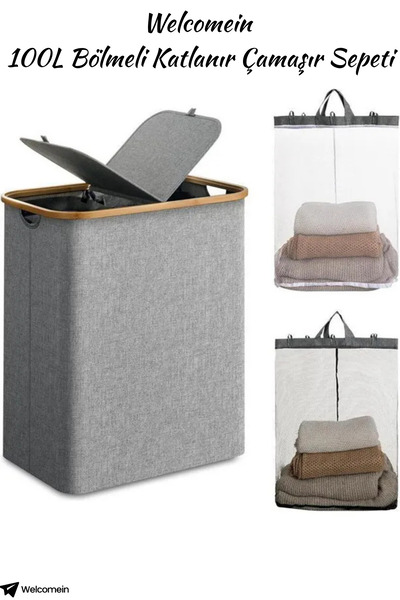 welcomein Bambu Kenarlı Kumaş Katlanabilir 100 Lt Çamaşır Sepeti 54x33x58