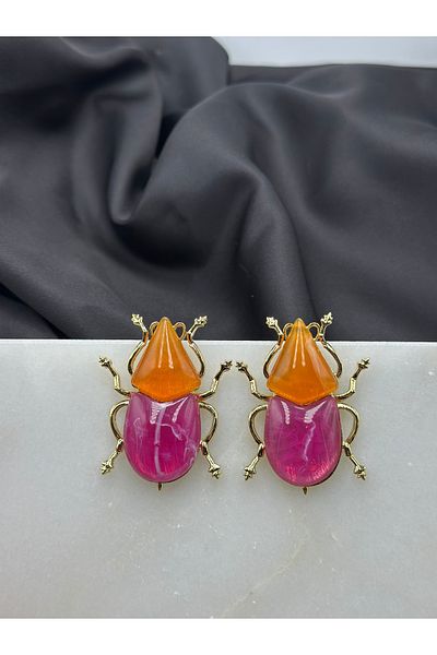 Unzilee Brand Model Design Earrings with Spider Figure, Orange and Pink Stones and Gold Detail