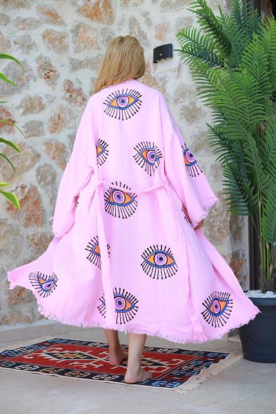 Befera Design Muslin Kimono 100% Cotton Eye Printed Patterned Bathrobe Kaftan Dressing Gown