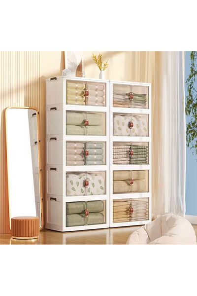 HİMO 5-tier white wardrobe with wheels, modern and contemporary, foldable, detachable and stackable