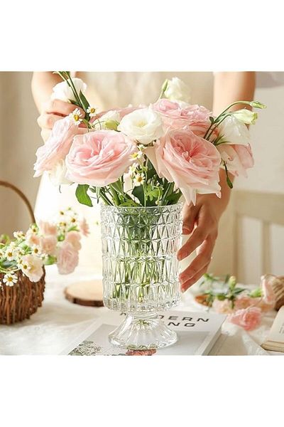 Generic BLOFLO Embossed Glass Vase, 7'' Crystal Glass Vases, Pedestal Big Base Glass Bouquet Vase, Hydropon