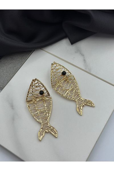 Unzilee Gold Detailed Fish Figured Brand Model Summer Design Dangle Women's Earrings