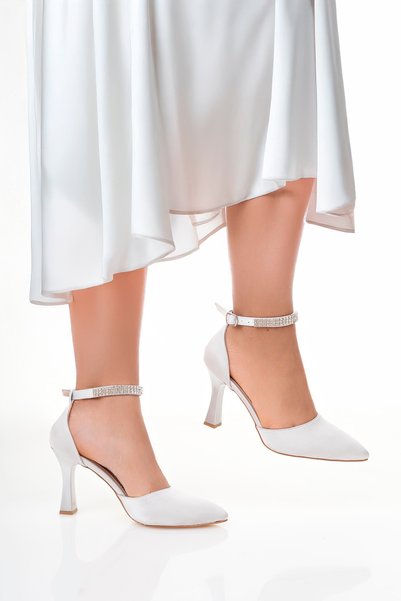 LARİNA SHOES Elegant and Stylish Mid-Heeled Women's Evening Dress Shoes with Stones on the Ankle