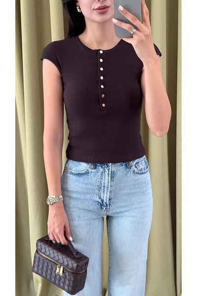 HAZELANNA Gold Buttoned t Sleeve Basic Bitter Brown Knitwear