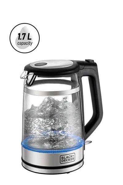 Black&Decker BLACK+DECKER Glass Kettle, Heating, Double Wall Wrap Protection, Premium Stainless Steel Finish, Blu