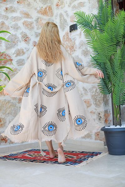 Befera Design Muslin Kimono 100% Cotton Eye Printed Patterned Bathrobe Kaftan Dressing Gown