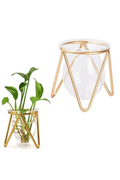 Generic مزهرية زجاجية مع حامل معدني، مزهرية زهور هندسية ذهبية، مزهرية صغيرة ل...