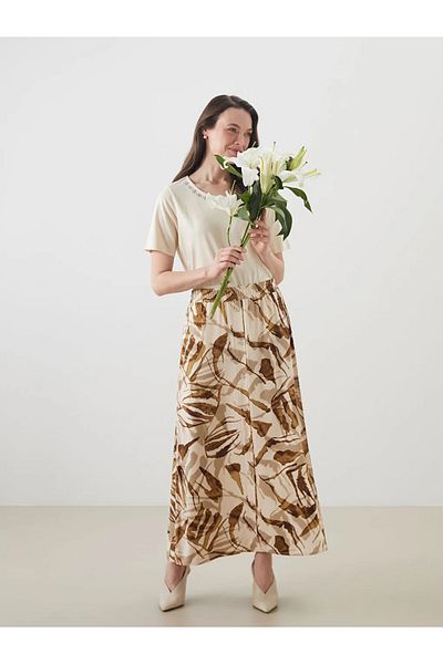 LC Waikiki Lcw Grace Beige Elastic Waist Patterned A-Line Skirt