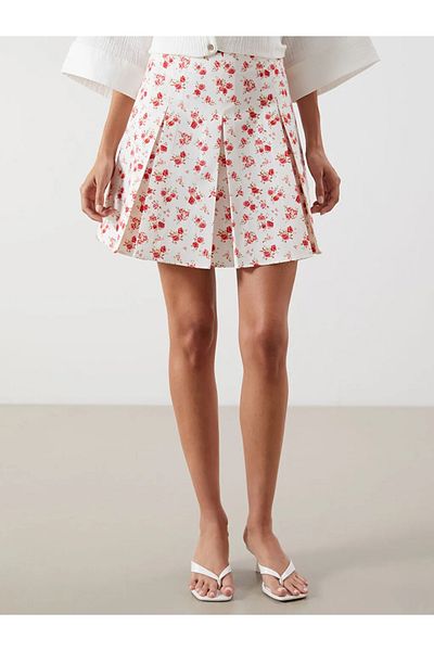 LC Waikiki Lcw Vision Pink Waist Zipper Floral Pleated Mini Skirt