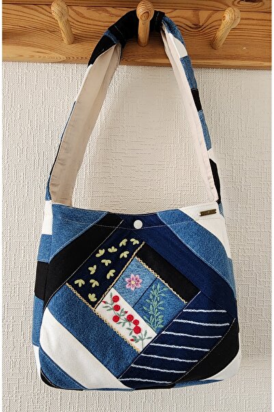 myyasminhome El Yapımı, Nakış İşlemeli, Patchwork Kot Çanta %100 Handmade