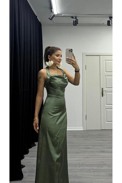 Daves Satin Long Dress with Back Detail-Khaki