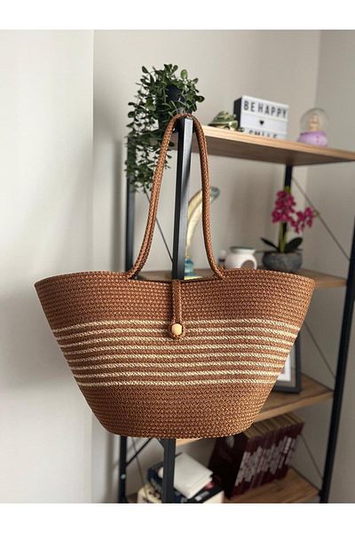 Tresshandicraft Brown-Jute Striped Beach Bag-Casual Bag