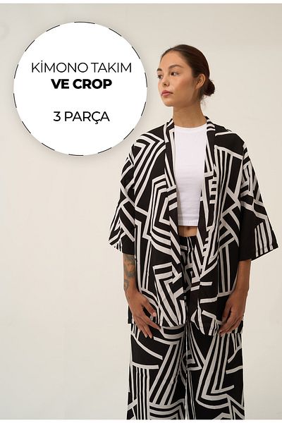 ClubSpaceAstro Women's 3-Piece Viscose Kimono Set – Crop, Pants and Long Kimono – Stylish and Comfortable Combination