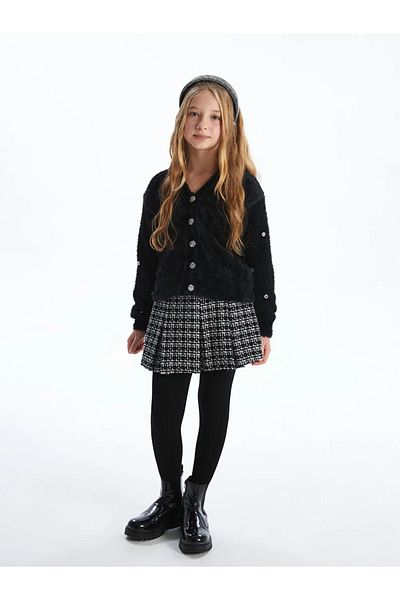 LC Waikiki Lcw Kids Black Elastic Waist Tweed Girls' Short Skirt