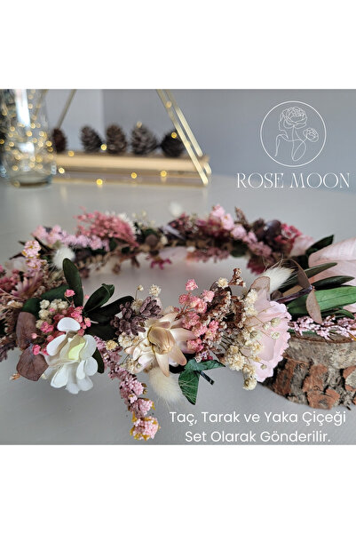 Tasarım RoseMoon El Yapımı Soft Pembe Kuru Çiçek Gelin Tacı-Tarak-Yaka Çiçeği...