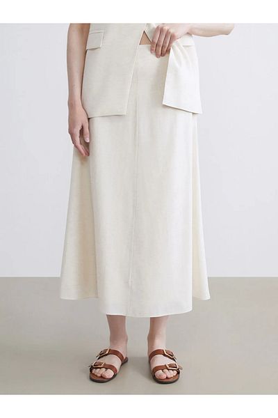 LC Waikiki Soulife Beige Waist Belted A-Line Linen Blend Skirt