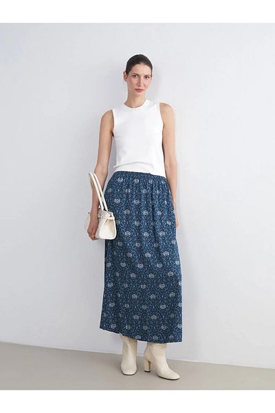 LC Waikiki Lcw Grace Navy Blue Patterned A-Line Skirt with Elastic Waist