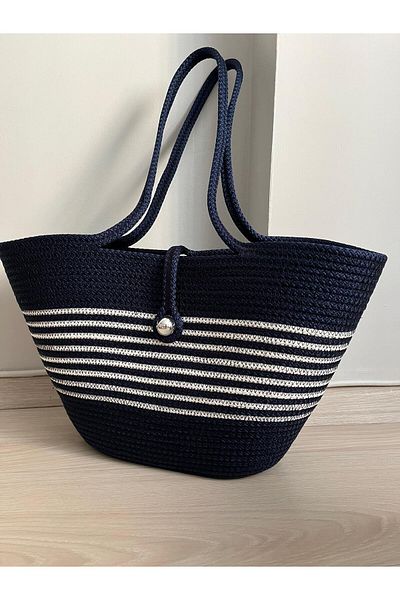 Tresshandicraft Navy Blue-White Striped Beach Bag-Casual Bag