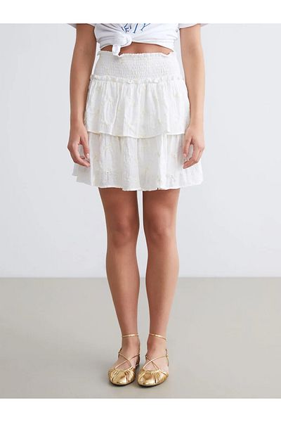 LC Waikiki Xside White Elastic Waist Embroidered Pleated Mini Skirt