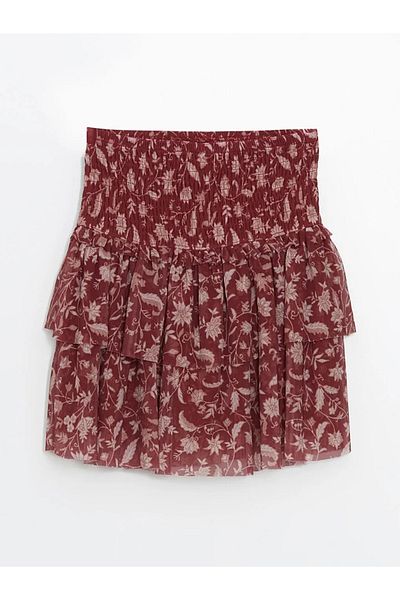LC Waikiki Lcw Kids Burgundy Elastic Waist Floral Girls Skirt