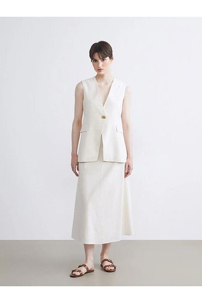 LC Waikiki Soulife Beige Waist Belted A-Line Linen Blend Skirt