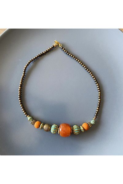 dela otantik Handmade Beaded Amber & Turquoise Ethnic Necklace – Authentic Bohemian Vintage Bijoux Jewelry