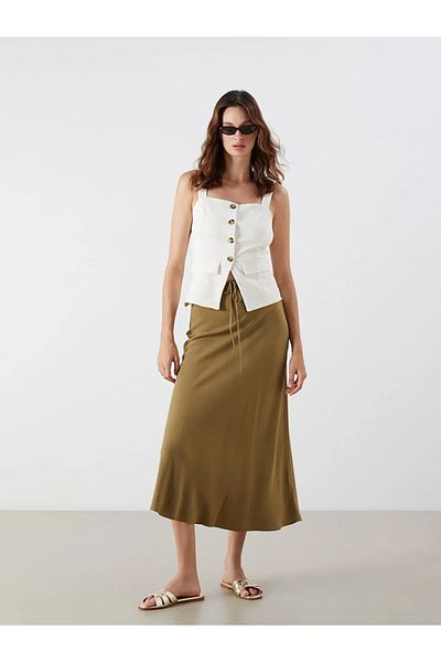 LC Waikiki Lcw Vision Khaki Waist Zipper Linen Blend A-Line Skirt