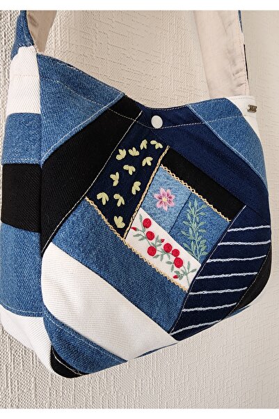 myyasminhome El Yapımı, Nakış İşlemeli, Patchwork Kot Çanta %100 Handmade