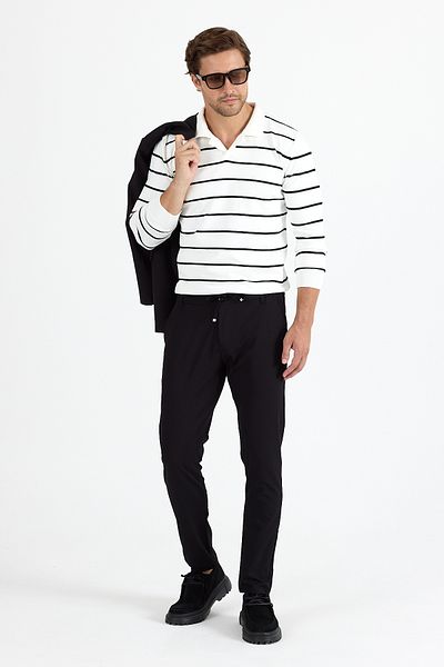 GEİO Men's Polo Neck Regular Fit Cotton Striped Knitwear Sweater