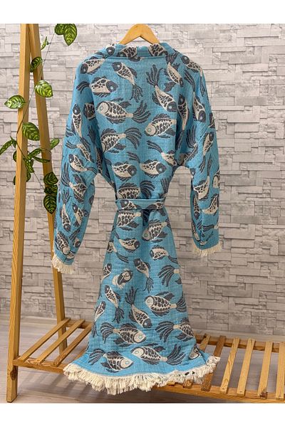 Befera Design Muslin Kimono 100% Cotton Fish Patterned Jacquard Bathrobe Kaftan Dressing Gown