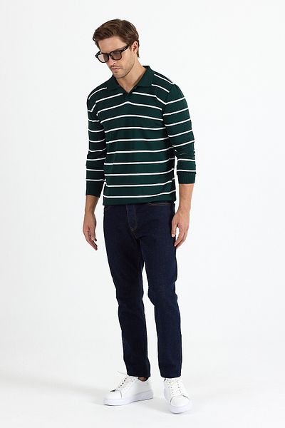 GEİO Men's Polo Neck Regular Fit Cotton Striped Knitwear Sweater