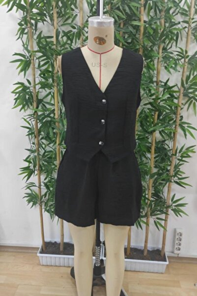 Mossta Sleeveless Vest Pocket Linen Shorts Set - Black