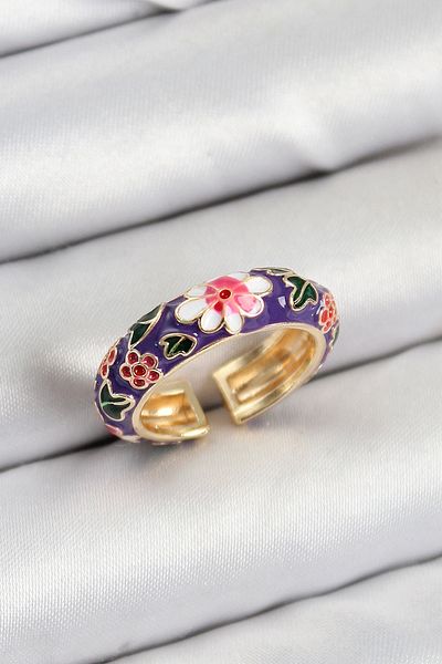 shopwave Brass Purple Enamel Flower Motif Gold Color Adjustable Women's Ring