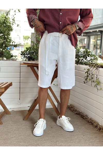 manch collection 100% Linen Belt Detailed Shorts White