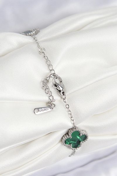 shopwave 316L Steel Pearlescent Emerald Green Silver Color Clover Women's Bracelet