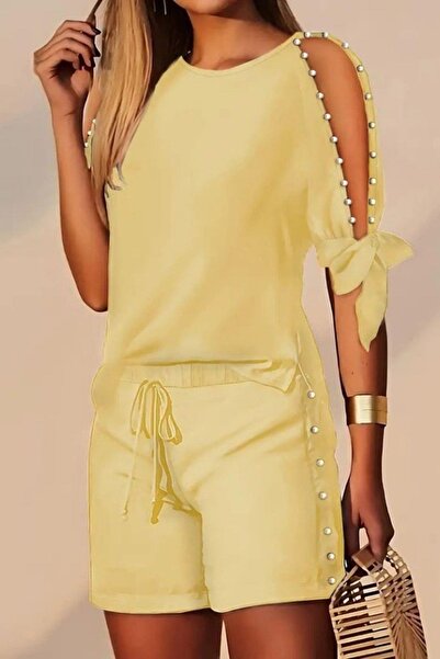 Mossta Pearl Shoulder Tie-Up Blouse Lace-Up Shorts Two-Piece Set - Yellow