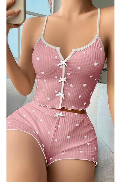 Pi Giyim Дамски комплект нощница с детайл сърце в розово