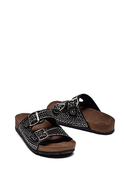 Raynok Kadın Taşlı Tokalı Rahat Kalıp Terlik ortopedik Yürüyüş Terliği Siyah