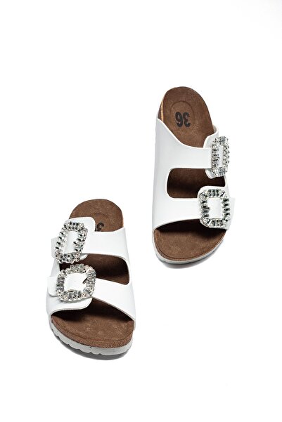 Raynok Women's Color Double Buckle Stone Comfortable Mold Orthopedic Slippers White