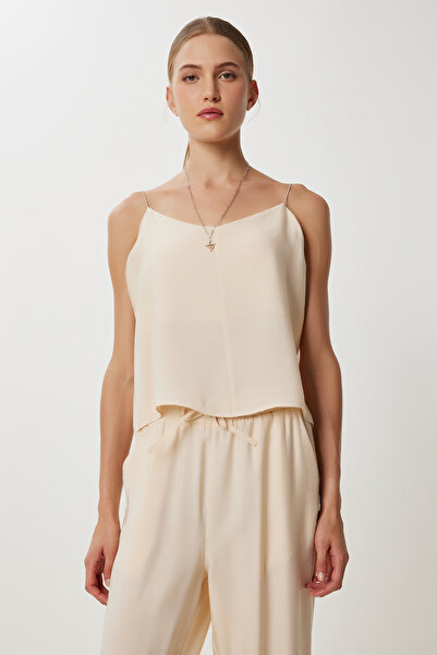 Lovelyİstanbul Modal blúz és nadrág szett pántokkal LRV0108 KRÉM