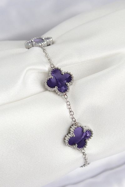 shopwave 316L Steel Pearlescent Purple Silver Color Clover Women's Bracelet