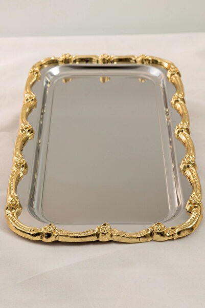 Yaren Style Gold Rose Patterned Stainless Steel Tray | 33X18 cm Luxury Presentation Tray