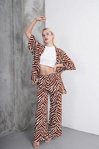 Clyfora Zigzag Patterned Kimono - Crop Set